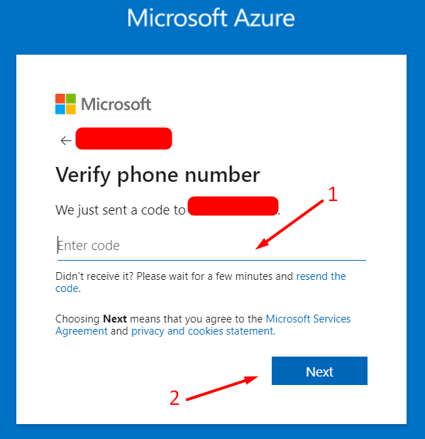 Confirmation code for Azure Account registration