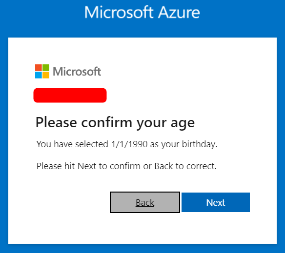 confirm your age when you regeister new azure account