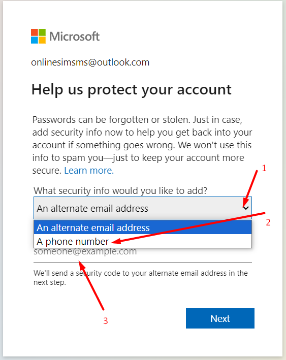 add virtual phone number to account Outlook