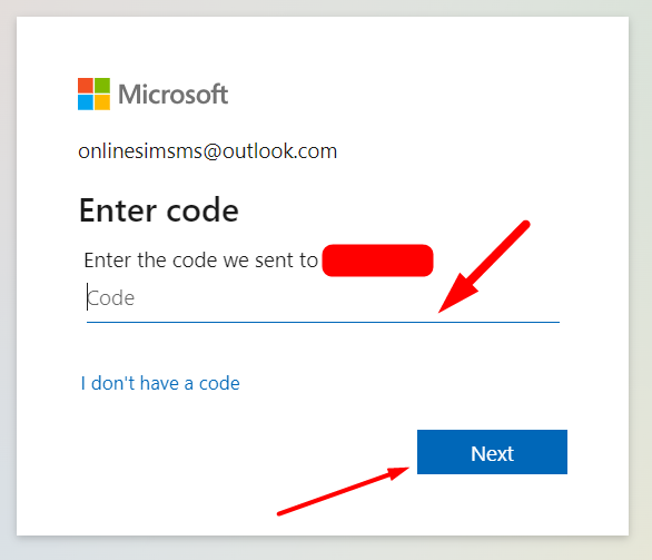 confirmation code for registering a phone number in Outlook account
